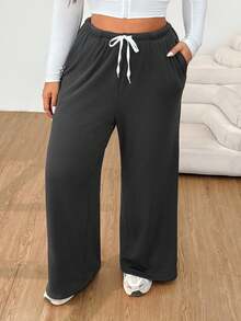 Solflare 大码女式纯色抽绳腰口袋阔腿休闲裤，秋冬 - 黑色 - 查看 3