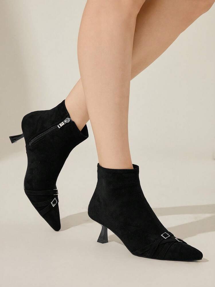 CUCCOO CHICEST Women's New Black Pointed Toe Low Heel Ankle Boots, Suede Black Kitten Heel Elegant Boots, Autumn/Winter