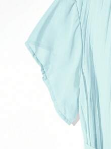 Franclia 女士加大码优雅纯色 V 领褶皱面料腰带蝴蝶结装饰褶皱中长裙和休闲衬衫两件套，度假休闲设计 - 淺藍色 - 查看 4