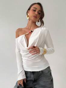 Aloruh Damen Einfarbig Schräge Schulter Langarm Lockerer Halsausschnitt Design Mode T-Shirt Sommer Sommeroutfits Sommerkleidung Strandoutfits für Frauen Strandurlaub Urlaubsoutfits Frau Boho Tropischer Urlaub Frau Kleidung