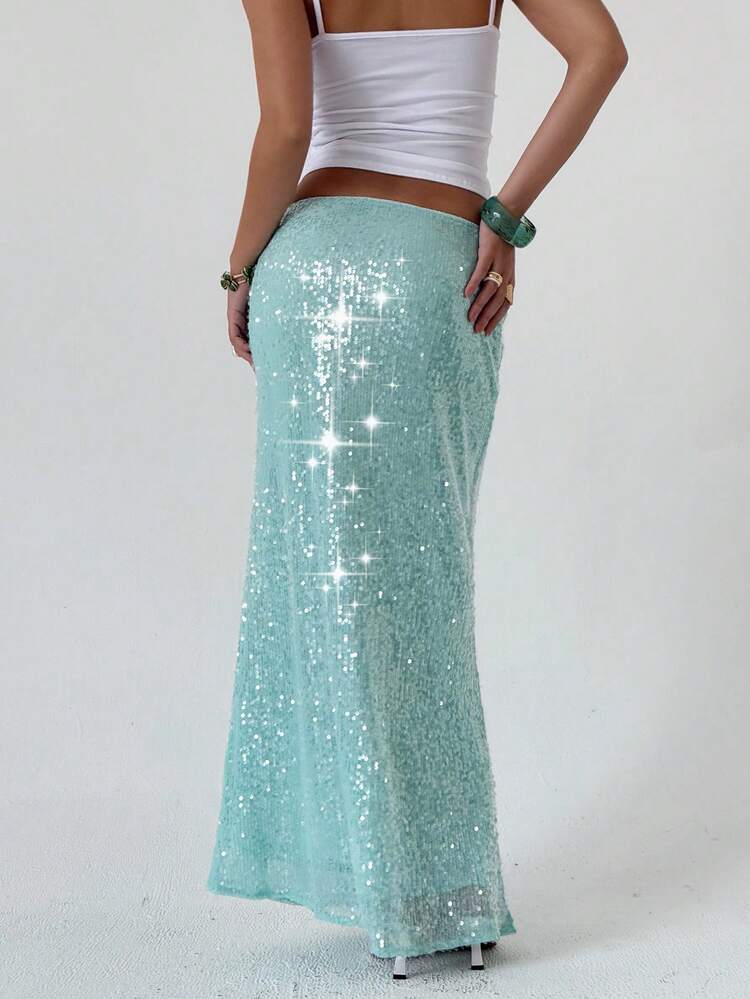 Aloruh Nueva falda larga con brillo estilo Y2K, falda ajustada minimalista sexy con lentejuelas de moda para fiestas, festivales de música y vacaciones con cintura baja - Azul - Ver 2