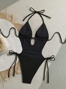 Soleia Women's Olive Green Knitted Jacquard Textured V-Neck Backless Halter One Piece Swimsuit, Suitable For Beach Black One Piece Swimsuit Black Bathing Suit Women Halter Neck Swimsuit - Black - View 2