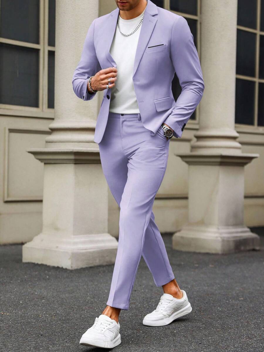 Calvornis 男士纯色夹克和裤子套装，老钱风格 - 淡紫色 - 查看 1
