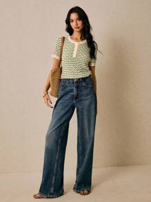 Poéselle Women's Casual Striped Short Sleeve Knit Top, Summer - Green - View 2