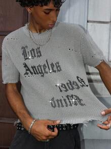 PAVTROS Manfinity Streetrush Blogger Design Rhinestone & English Text Print Casual Men's Vest Back To Shcool - Grey - View 6