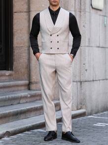 Manfinity Bizformal 2 件男士休闲商务条纹披肩领背心和西装裤套装 - 卡其色 - 查看 4