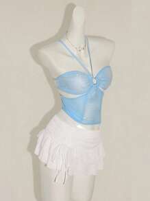 SHEIN ICON Women's Blue Lace, Sequin & Mesh Splice Front Circular Ring Tie Ruched Hollow Slim Sexy Camisole For Summer - Blue - View 7