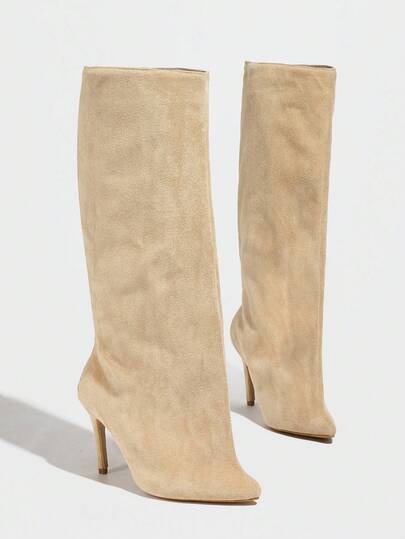 Daringsoles 女士尖头细高跟靴，绒面革一脚蹬踝靴，杏色，秋冬