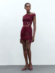 Maija Women Red Summer Outfit Oblique Shoulder Metal Buckle Tie-Front Fitted Crop Top And Elastic Waist Metal Buckle Elegant Music Festival Holiday Party Two Pieces Skirt Set - Red - View 2