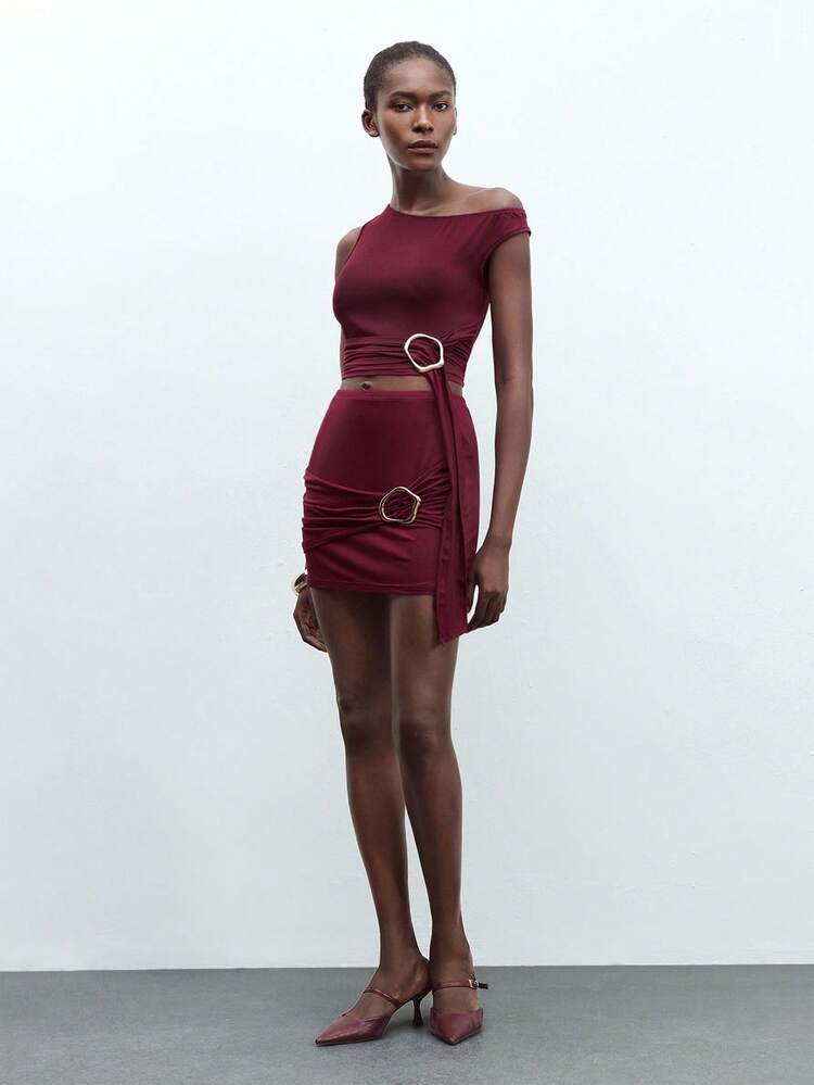 SHEIN Maija Women Red Summer Outfit Oblique Shoulder Metal Buckle Tie-Front Fitted Crop Top And Elastic Waist Metal Buckle Elegant Music Festival Holiday Party Two Pieces Skirt Set