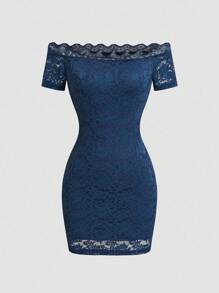 Celisse 蕾丝露肩性感优雅女式迷你连衣裙 - 藏蓝色 - 查看 2