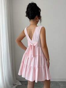 Elenzga Women's Solid Color Bowknot Decor Round Neck Sleeveless Fashion Dress - Pink - View 2