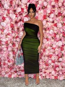 SHEIN SXY 大码女式情人节黑色网眼撞色紧身单肩连衣裙，适合日常穿着、约会之夜、生日、单身派对装、派对、舞会、情侣约会、优雅、休闲、购物、街头穿着、户外、性感、易于搭配且看起来苗条，凸显您的身材，修饰您的身材 - 綠色 - 查看 5