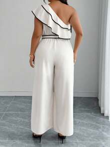Elenzga Plus Size Women's Ruffled Shoulder Patchwork Wide Leg Loose Jumpsuit - Apricot - View 2