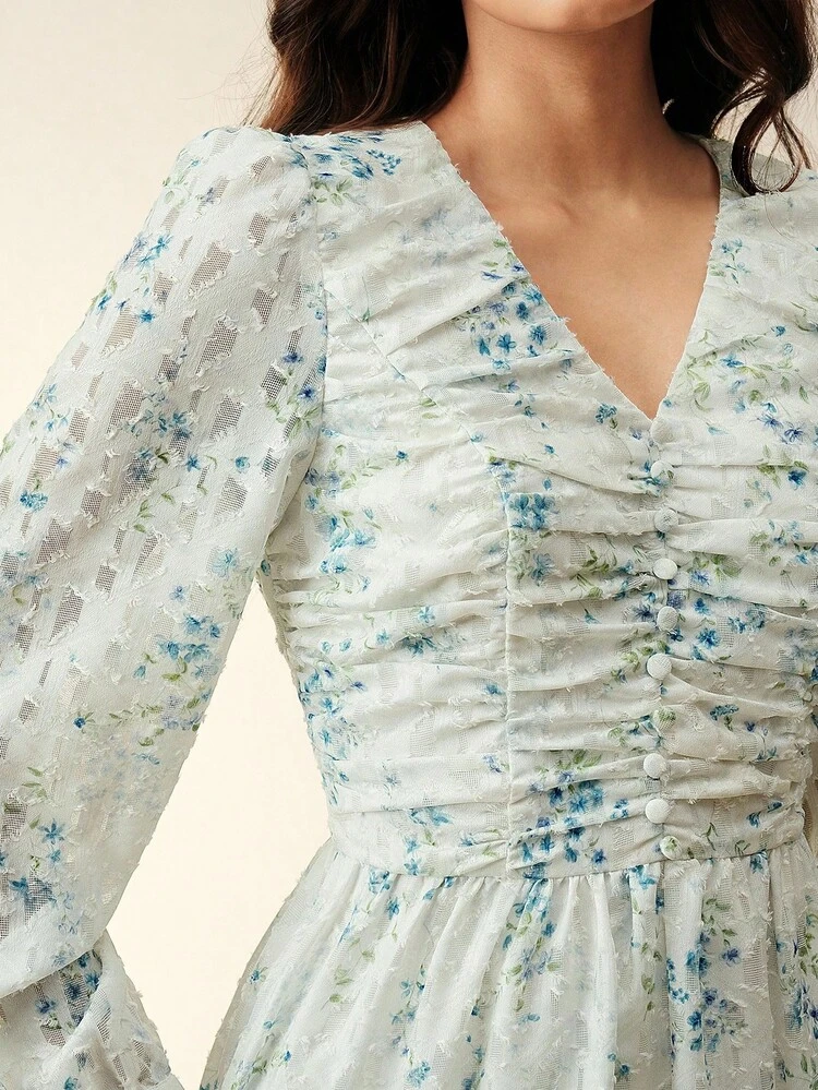 Women's Spring/Summer Elegant Full Floral Print V-Neck Lantern Sleeve Pleated Bodice Maxi Dress