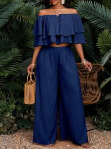 SHEIN Lady Bộ 2 món áo trễ vai bèo nhún màu trơn và quần ống rộng dáng rộng cho nữ - Màu xanh hải quân - Xem 3