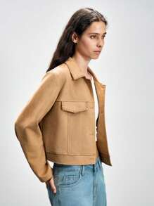 SHEIN LUNE Fashionable Casual Retro Suede Short Jacket, Casual Spring For University Fall - Khaki - View 4