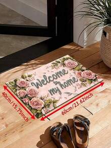 SHEIN 1 件入口地毯、粉红玫瑰欢迎回家字母地毯、聚酯防滑防污软地垫、室内外入口地板门垫、快干厨房地垫、洗衣房卫生间脚垫 - 彩色 - 查看 4