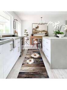 SHEIN 1 件木质花卉印花柔软舒适厨房垫，防水防油入口门垫，易于清洁的床边地垫，适用于客厅、走廊、浴室、洗衣房装饰