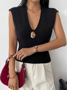 Modelyn Chaleco de punto versátil y casual con cuello en V y botones metálicos, de hombros caídos, para primavera/otoño - Negro - Ver 3