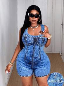 Maweii Plus Size Women Digital Denim Effect Jumpsuit, Fashionable Sexy Style - Multicolor - View 1