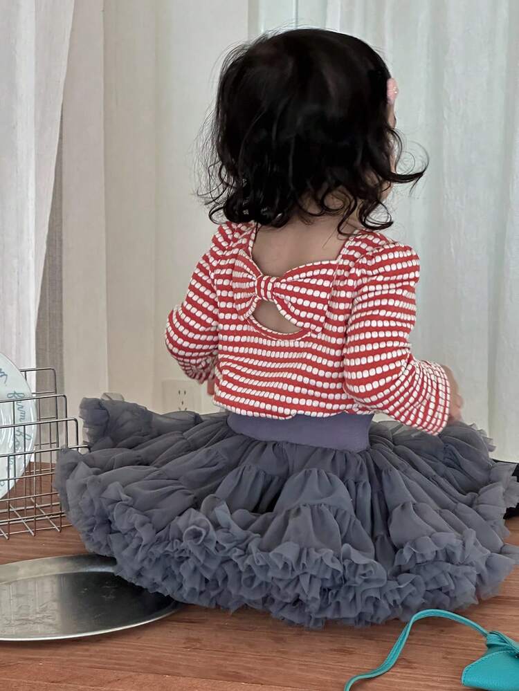 Baby Girl Striped Cute Bow Long Sleeve Top, Korean Style