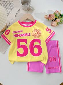 SHEIN 2 件套年轻女孩休闲简约短袖上衣和短裤套装，适合夏季