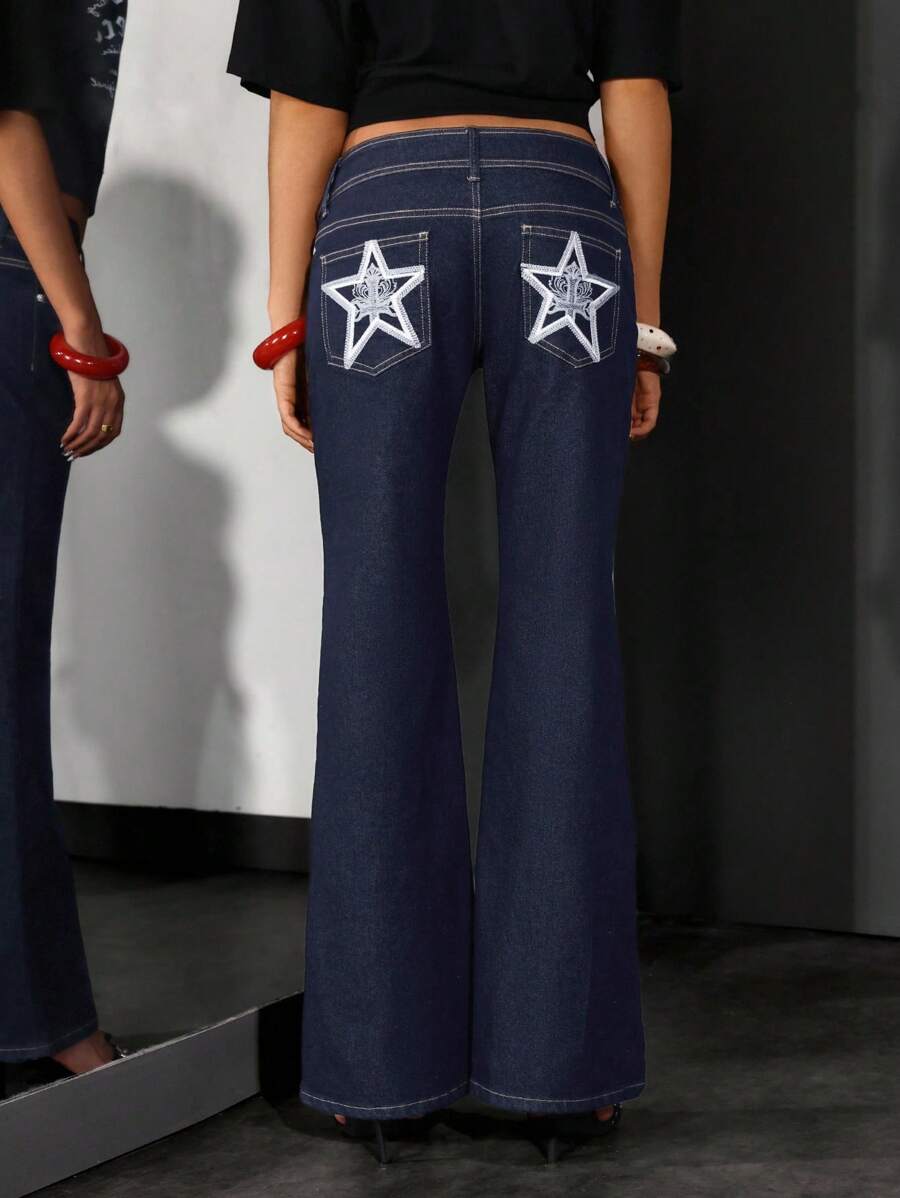 Jeanoix Women's Y2K Star Embroidered Low Waist Flare Jeans