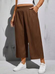 SHEIN Essnce Plus Size Spring And Summer Fashion Casual Loose Comfortable Basic Daily Versatile Elastic Waist Cropped Pants, Simple Style, Work Pants - Brown - View 5