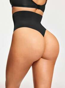 SHEIN Women's Black High Waisted Shapewear Thongs Medium Stretch Knitted Fabric Comfy Casual Long Plain Plus Size Underwear