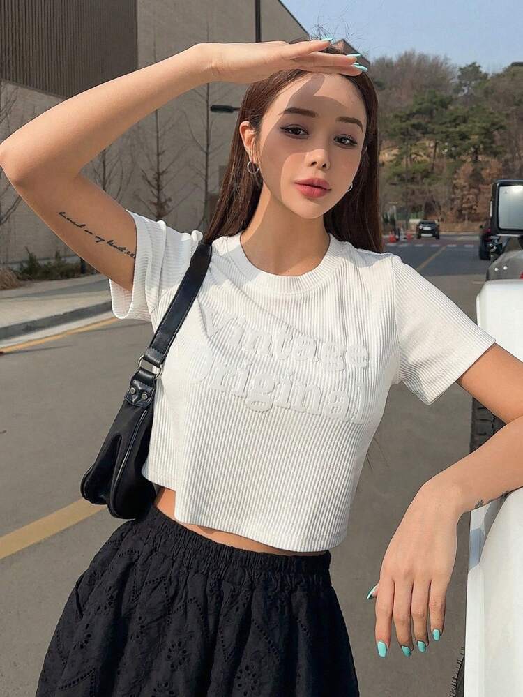 Letter Embossed Ribbed Knit Crop Tee