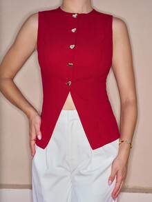 Andrea Bello Women's Elegant Red Heart Metallic Decor Spring/Summer Thin Jacket,Lightweight Suit Jacket, Thin Suit Vest, Suit Jacket For Commute/Elegance/Sexy/Vacation/Beach/Romance/Date/Valentine's Day/Concert/Performance/Party/Prom/Wedding Season/Back To School/Teacher - Burgundy - View 3