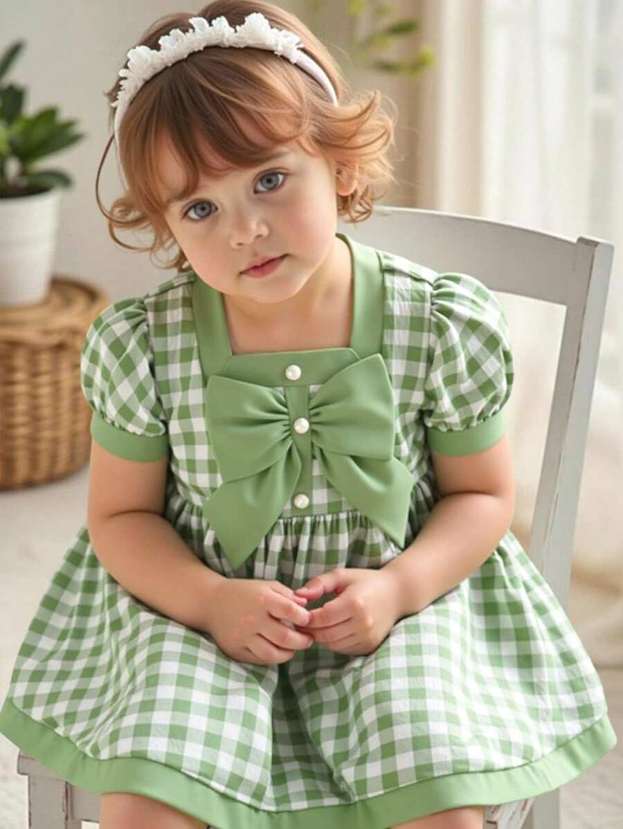SHEIN Babygirl Cute Summer Vacation Green Plaid Pearl Button Short Sleeve Dress - Multicolor - View 1