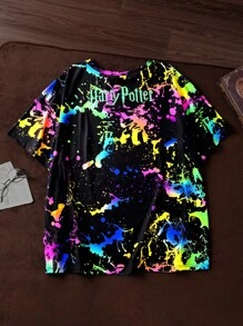 HARRY POTTER X SHEIN 加大码字母和骷髅蛇印花圆领短袖T恤 - 黑色 - 查看 2