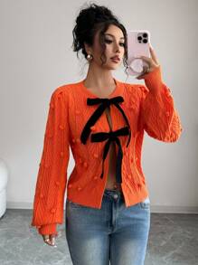 Elenzga Áo khoác len cardigan nữ, thiết kế mùa thu mới, buộc dây phía trước, họa tiết, tối giản - trái cam - Xem 2