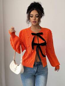 Elenzga Áo khoác len cardigan nữ, thiết kế mùa thu mới, buộc dây phía trước, họa tiết, tối giản - trái cam - Xem 1