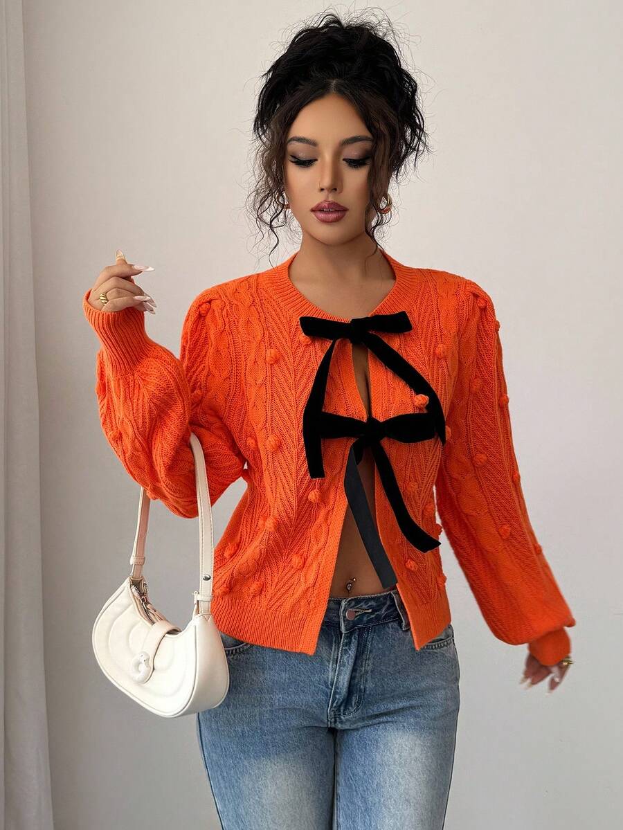 Elenzga Áo khoác len cardigan nữ, thiết kế mùa thu mới, buộc dây phía trước, họa tiết, tối giản - trái cam - Xem 1