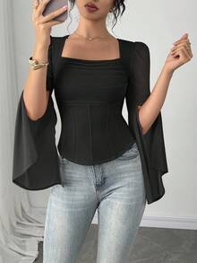 Firerie Damen Einfarbige Plissee Kragen Chiffon Schlitz Langarm Bluse, Business Lässig Sommer für Frauen - Schwarz - Übersicht 1