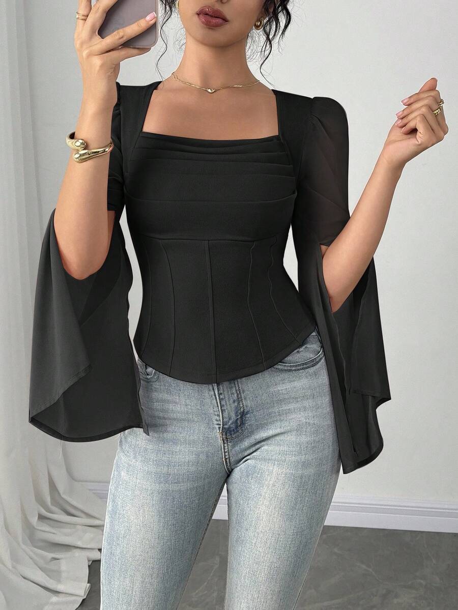 Firerie Damen Einfarbige Plissee Kragen Chiffon Schlitz Langarm Bluse, Business Lässig Sommer für Frauen - Schwarz - Übersicht 1