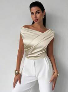 Firerie 女士优雅简约时尚性感日常通勤音乐节度假不对称领口垂坠杏色缎面短款上衣，春夏