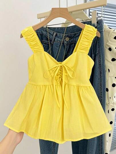 Franclia Blusa holgada con tirantes anchos y nudo de lazo en la cintura para mujer, ropa para la universidad