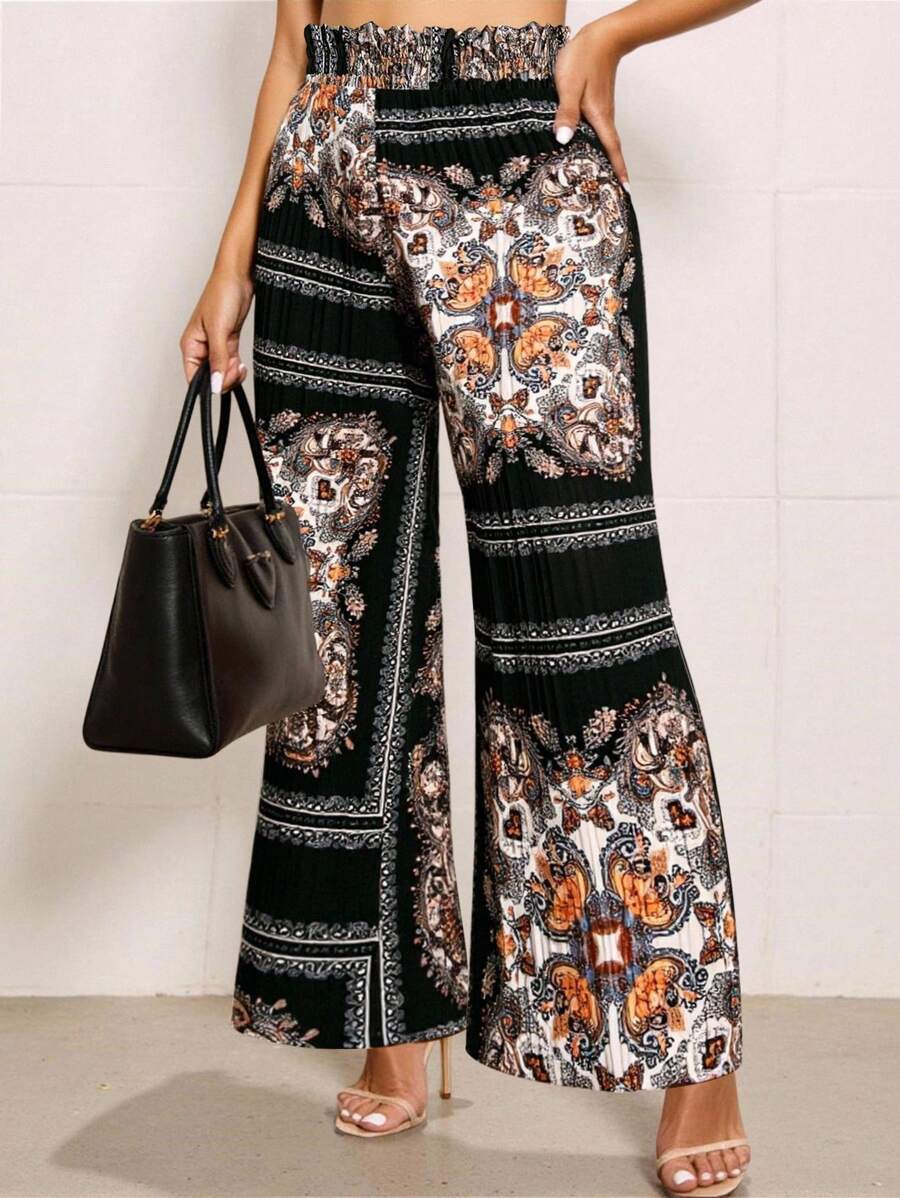 SHEIN Clasi 大码女式长裤,几何方形印花,褶皱设计 - 彩色 - 查看 1