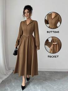 Elenzga 女士棕色厚面料 V 领纽扣设计腰部收紧 A 字秋季中长连衣裙，优雅精致，适合教师装、约会、街头、旅行、感恩节、万圣节派对、秋冬 - 棕色 - 查看 3