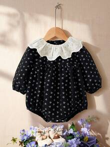 SHEIN A8054 Baby Girls Spring/Autumn Bodysuit With Lace Collar, Simple Design Fall Winter - Black - View 4