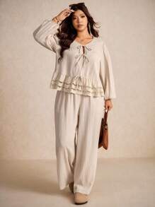 Elaquor Bộ 2 món áo sơ mi và quần dài thêu vá khoét lỗ thường ngày cho kỳ nghỉ cỡ lớn - Màu be - Xem 2