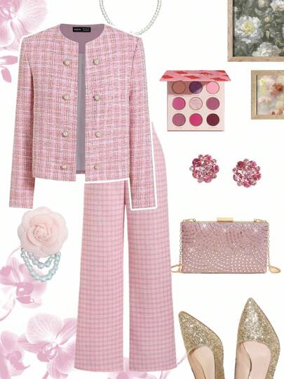 Ellevyn 女士优雅双排扣前开襟夹克，粉色，适合秋冬季多种场合秋季女装小香风面料夹克