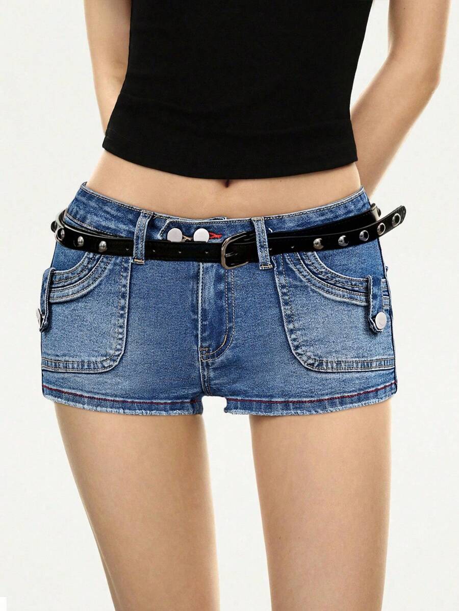 Rina Fox 双扣高街低腰迷你牛仔短裤 - 中等水洗藍 - 查看 1