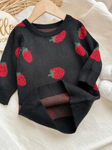 SHEIN Đầm dệt kim dài tay cổ tròn họa tiết dâu tây cho bé gái, quần áo trẻ em họa tiết dâu tây, áo len cho bé gái, áo len họa tiết dâu tây cho bé, quần áo mùa thu đông cho bé gái. - Nhiều màu - Xem 3