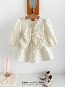 Cozy Pixies Đầm tay đèn lồng họa tiết hoa jacquard trang trí nơ cho bé gái dễ thương - Màu be - Xem 2