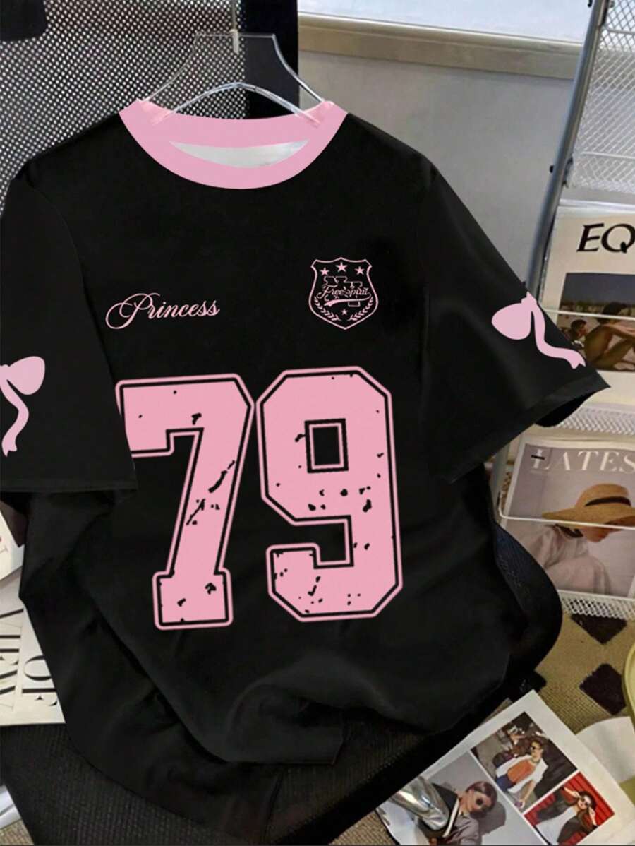 SHEIN 青少年女孩时尚街头风格运动数字 79 和蝴蝶结印花拼色圆领短袖 T 恤,夏季 - 彩色 - 查看 1